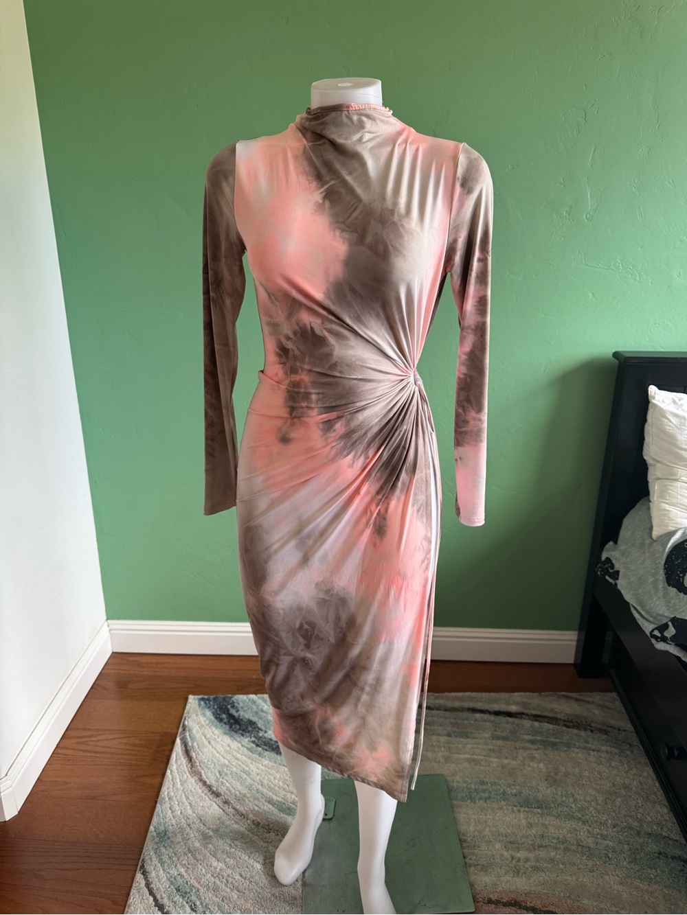 Win Win Tie-Dye Ruched Side Midi Dress in Pink and Brown Sexy High Slit Sz Small